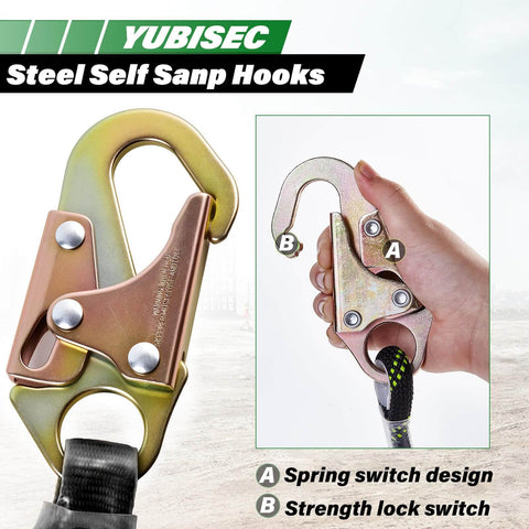 Ultimate Vertical Lifeline Assembly 25 Foot Polyester Rope Harness Safety System With Two Grab Snap Hooks Shock Absorber And Fall Protection Rope For Roofing Work ANSI Compliant, detailed view of steel snap hooks with spring switch design.