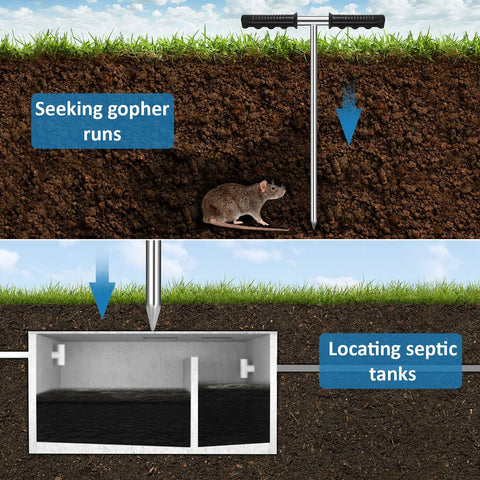 Stainless Steel Soil Probe Rod 32 To 48 Inch Adjustable Ground Rod Tool With T Handle and Sharp Tip in Use for Locating Septic Tanks and Gopher Runs