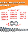 Industrial Steel Spacer Sleeve Bushings Set For 12mm Axle 13 Piece Variety Pack, showing bushings and dimensions chart.