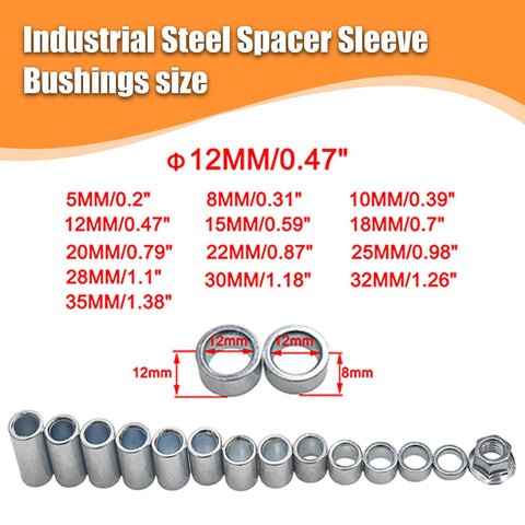 Industrial Steel Spacer Sleeve Bushings Set For 12mm Axle 13 Piece Variety Pack, showing bushings and dimensions chart.