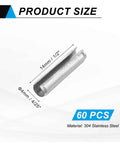 60Pcs Slotted Split Roll Pins Set 4mm Diameter and 14mm Length, Steel Spring Tension Dowels, Silver MECCANIXITY, product dimensions shown