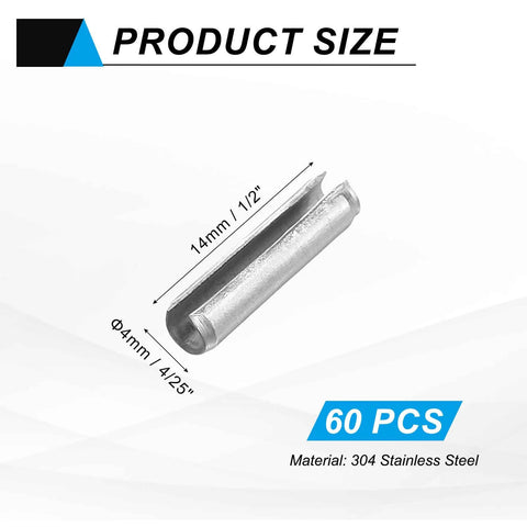 60Pcs Slotted Split Roll Pins Set 4mm Diameter and 14mm Length, Steel Spring Tension Dowels, Silver MECCANIXITY, product dimensions shown
