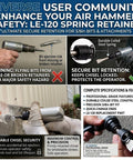 Collage showing Spring Retainer For Air Hammer Chisel Gun Three Eighths Inch Replacement Part For Attachments And Bits Durable Steel Construction For Pneumatic Tools Quick Release Chuck Compatible Universal Fit in use and features
