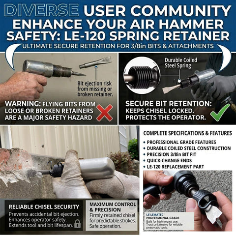 Collage showing Spring Retainer For Air Hammer Chisel Gun Three Eighths Inch Replacement Part For Attachments And Bits Durable Steel Construction For Pneumatic Tools Quick Release Chuck Compatible Universal Fit in use and features
