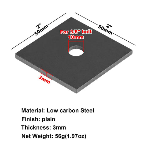 Square Plate Washer 2 By 2 Inch One Eighth Inch Thick Weld On Finish Pack Of 20 Steel, side view with measurements and material details