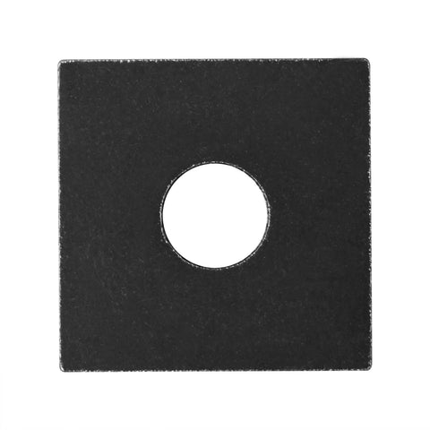 Square washer plates, 2.5 x 2.5 inches (63.5 x 63.5 mm) and 5.7 mm thick steel, front view with central hole for even load distribution