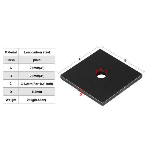 Eight Pack 3x3 Inch Square Flat Washers With 13 Mm Center Hole For Half Inch Bolts In Low Carbon Steel With Plain Finish diagram