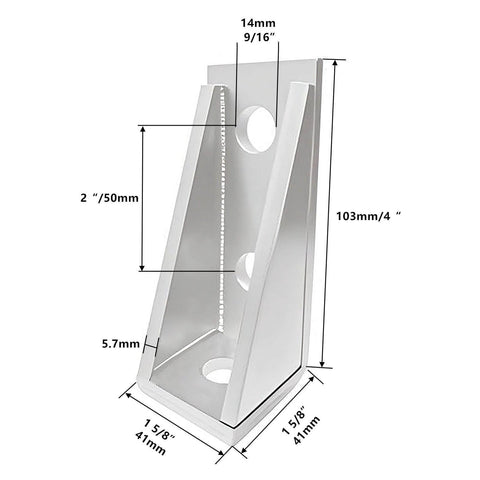 90 Degree Gusseted Fitting For 1 5 Eighths Inch Strut Channel With 3 Hole Heavy Duty Steel Right Angle Brackets For Half Inch Bolts Five Point Seven Millimeter Thick Pack Of 8, shown with dimensions and hole size details.