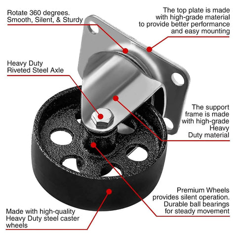Image of a 4 Pack Heavy Duty Large Steel Swivel Caster Wheel with 3.5 inch diameter and 2.5 x 3.5 plate for furniture and industrial use.