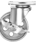 Four All Steel Swivel Plate Caster Wheels With Brake Lock, Heavy Duty 400 Lb Capacity Each, 4 Inch Wheel Diameter, Iron Gray Finish