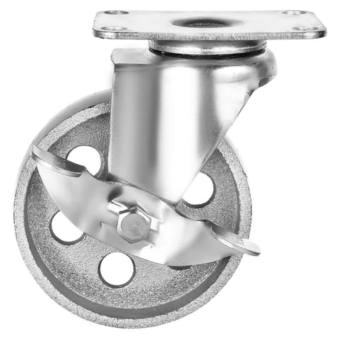 Four All Steel Swivel Plate Caster Wheels With Brake Lock, Heavy Duty 400 Lb Capacity Each, 4 Inch Wheel Diameter, Iron Gray Finish