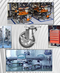 Four All Steel Swivel Plate Caster Wheels With Brake Lock, Heavy Duty 400 Lb Capacity Each, 4 Inch Wheel Diameter, Plate 2.5 Inch By 3.5 Inch, Iron Gray Finish, Swivel Casters For Carts, Dollies, And Industrial Equipment installed on various equipment.