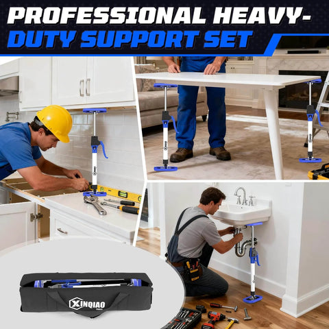 ✝️ Third Hand Tool 3rd Hand Support System in use for cabinet and sink installation, premium steel telescoping poles, 180 LB capacity.