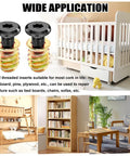 32 Piece Wood Threaded Inserts And Nuts Set With Hex Spanner For Furniture Repair And DIY Woodworking displayed with wooden furniture.