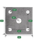 Square tie plate for 1-3/4 inch trailer axles, shows dimensions 3.43 inches with bolt holes for durable rust resistant U bolt kit