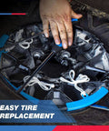 Person using NEIKO 20601A 14.5” Steel Tire Spoons Tool Set with rim protectors and tire changer on a motorcycle wheel.