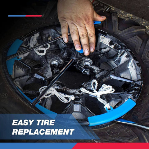 Person using NEIKO 20601A 14.5” Steel Tire Spoons Tool Set with rim protectors and tire changer on a motorcycle wheel.