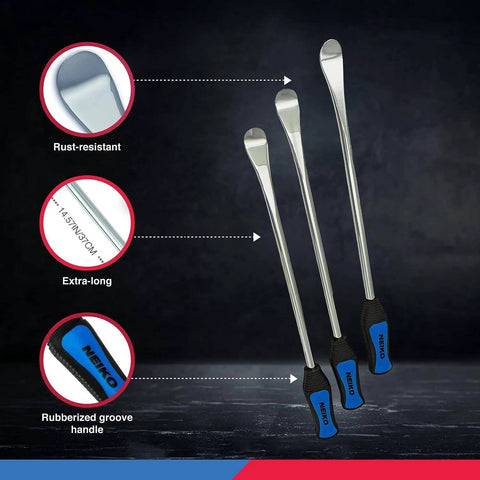 NEIKO 20601A 14.5” Steel Tire Spoons Tool Set showing rust-resistant, extra-long design with rubberized groove handle.