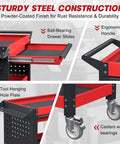 Heavy Duty 3 Tier Tool Cart On Wheels With Drawers And Pegboards For Garage And Workshop, Industrial Steel Rolling Utility Cart With 660 Lbs Load Capacity, Rust Resistant Powder Coated Finish, XCX showing ball-bearing drawer slides and casters with bearings.