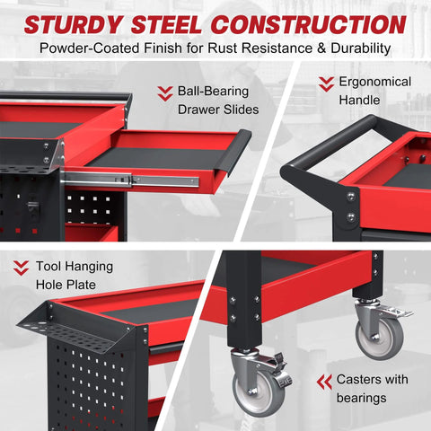 Heavy Duty 3 Tier Tool Cart On Wheels With Drawers And Pegboards For Garage And Workshop, Industrial Steel Rolling Utility Cart With 660 Lbs Load Capacity, Rust Resistant Powder Coated Finish, XCX showing ball-bearing drawer slides and casters with bearings.