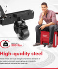 Front Wheels For Packout Rolling Tool Box 360 Degree Rotation Caster Wheels Accessories Improve Maneuverability And Mobility For Heavy Tool Chests Making Transportation Easier In Industrial And Home Use shown installed on a toolbox with person sitting.