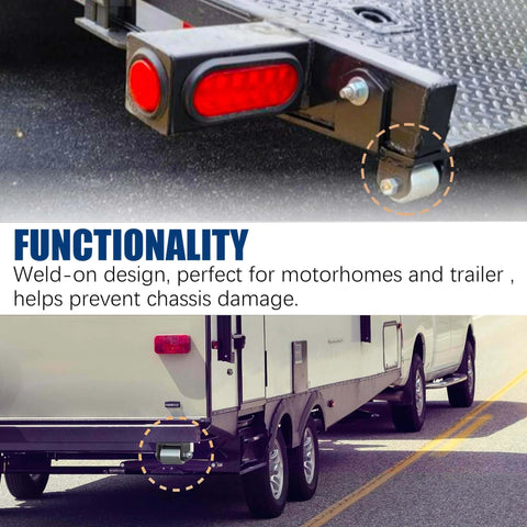 2.4" Heavy Duty Steel Weld-On Trailer Rollers installed on motorhome, showing skid-proof functionality and chassis protection use.