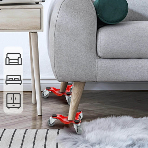4 Pack Steel Tri-Dolly, 200 lbs Load Capacity 3 Wheel Mover's Dolly under sofa, moving furniture easily, red dolly visible