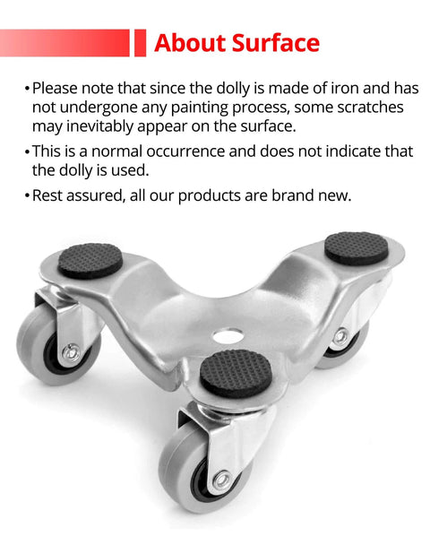 4 pcs 6" Steel Tri-Dolly, 200 lbs Load Capacity, swivel caster for moving furniture and appliances, shown unpainted with surface details