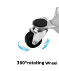 Close-up of 360° rotating wheel on set of 4 steel tri dolly casters with 3 wheel design, 200 lb load capacity per dolly, 6 inch base furniture mover.