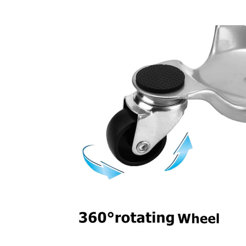Close-up of 360° rotating wheel on set of 4 steel tri dolly casters with 3 wheel design, 200 lb load capacity per dolly, 6 inch base furniture mover.