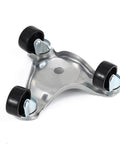 Set of 4 steel tri dolly casters with 3 wheel design, 200 lb load capacity per dolly, shown is one dolly with 6 inch base and foam protection.