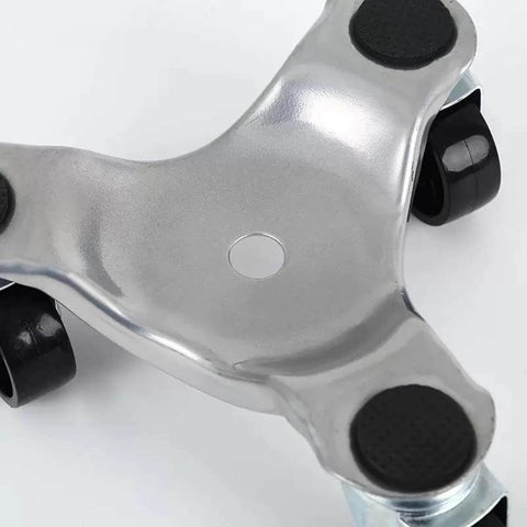 Close-up of set of 4 steel tri dolly casters with 3 wheel design, 200 lb load capacity per dolly, showing foam protection and swivel wheels.