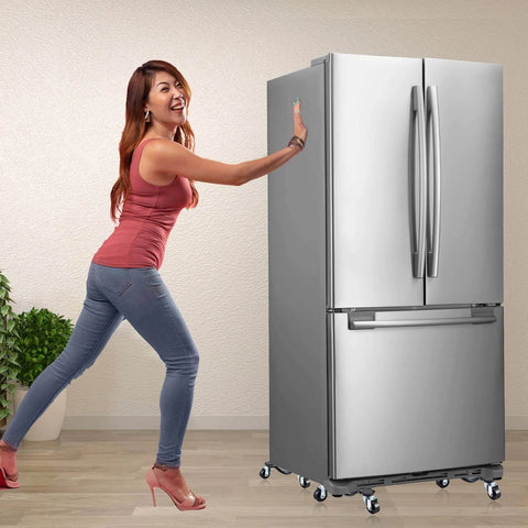 Woman pushing refrigerator on set of 12 steel tri wheel furniture moving dollies with 3 wheel design, heavy duty carbon steel movers.