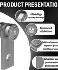 Product presentation for 2 Wheel Trolley Assembly Rollers for 1-5/8 Inch & Taller Strut Channel with 6200z bearings.