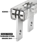 Close-up of 2 Wheels Trolley Assembly Rollers with Dual Bearings Steel Strut Channel Hardware showing stainless steel construction