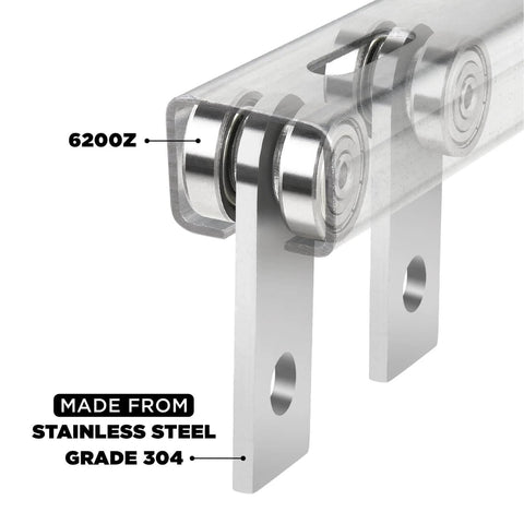 Close-up of 2 Wheels Trolley Assembly Rollers with Dual Bearings Steel Strut Channel Hardware showing stainless steel construction
