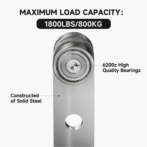 Close-up of 6200z high quality bearings on solid steel 2 Wheel Trolley Assembly Rollers with maximum load capacity of 1800lbs/800kg