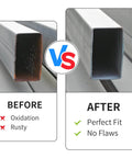 Comparison image showing before and after installation of protective black end caps for Unistrut channel ends, highlighting secure coverage.
