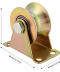Side view of gold galvanized steel U-groove wheel pulley with bracket, showing dimensions. Part of 10 Pack 2 Inch U Groove Wheel Pulley set.