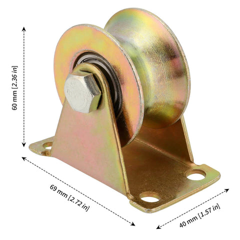 Side view of gold galvanized steel U-groove wheel pulley with bracket, showing dimensions. Part of 10 Pack 2 Inch U Groove Wheel Pulley set.