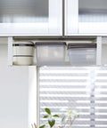 Home Plate Under Shelf Storage Rack - Cabinet Organizer - Steel installed with containers in kitchen cabinet view