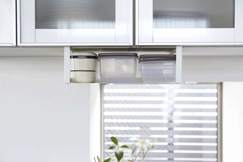 Home Plate Under Shelf Storage Rack - Cabinet Organizer - Steel installed with containers in kitchen cabinet view