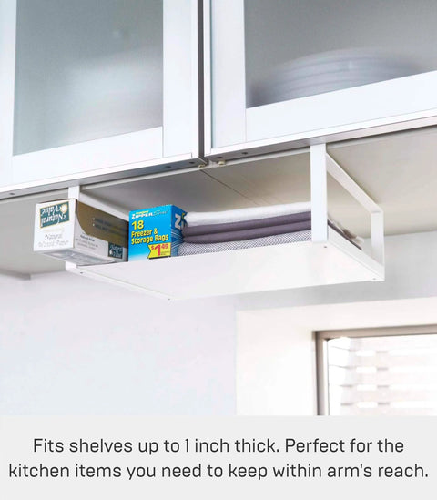 Home Plate Under Shelf Storage Rack - Cabinet Organizer - Steel installed under kitchen cabinet holding foil and storage bags