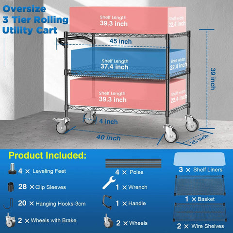 Heavy Duty Rolling Utility Cart With Wheels For Kitchen And Restaurant Use Kitchen Workhorse 45 Inch NSF Certified Commercial Grade Steel Cart 1120 Lbs Capacity With Handle And Shelf Liners Black Leteuke