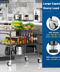 Heavy Duty Rolling Utility Cart With Wheels For Kitchen And Restaurant Use Kitchen Workhorse 45 Inch NSF Certified Commercial Grade Steel Cart 1120 Lbs Capacity With Handle And Shelf Liners Black Leteuke in a kitchen setting