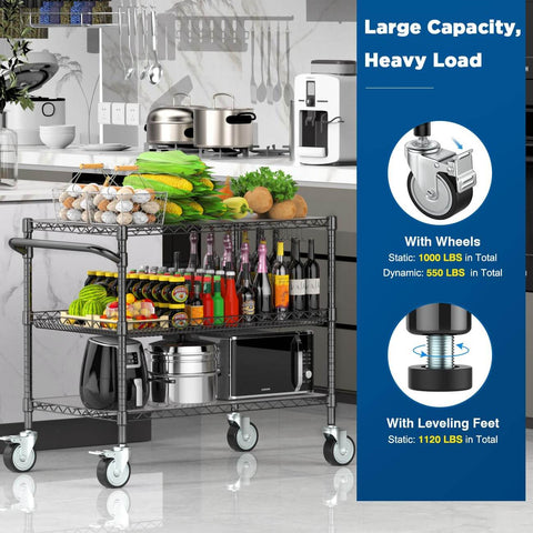Heavy Duty Rolling Utility Cart With Wheels For Kitchen And Restaurant Use Kitchen Workhorse 45 Inch NSF Certified Commercial Grade Steel Cart 1120 Lbs Capacity With Handle And Shelf Liners Black Leteuke in a kitchen setting