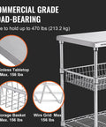 Heavy Duty Kitchen Utility Cart With Three Tiers And 470 Lb Capacity, 36.6 Inch By 20 Inch By 24 Inch Steel Rolling Cart With Brake Wheels For Indoor And Outdoor Use, Wire Shelves, Hooks, PP Liner, Storage Trolley, VEVOR showing stainless steel tabletop, wire grid, and storage basket.