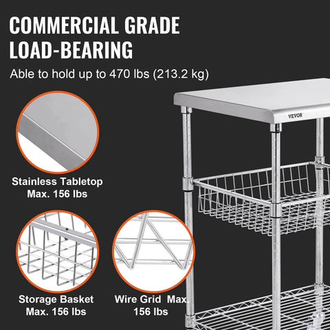 Heavy Duty Kitchen Utility Cart With Three Tiers And 470 Lb Capacity, 36.6 Inch By 20 Inch By 24 Inch Steel Rolling Cart With Brake Wheels For Indoor And Outdoor Use, Wire Shelves, Hooks, PP Liner, Storage Trolley, VEVOR showing stainless steel tabletop, wire grid, and storage basket.