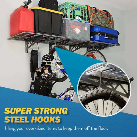 Garage Wall Shelf Two Pack In White Or Hammertone Finish Steel Wall Mounted Shelves With Bike Hooks Three Size Options Including 18x36