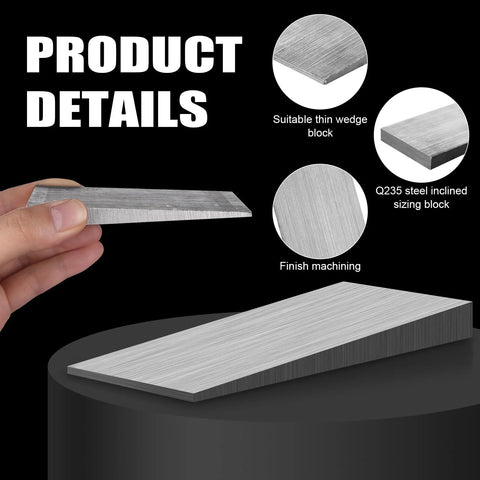 Four Piece Flange Wedge Set Heavy Duty 4 x 2 Beveled Right Angle Wedges in Steel, hand holding thin wedge detail view.
